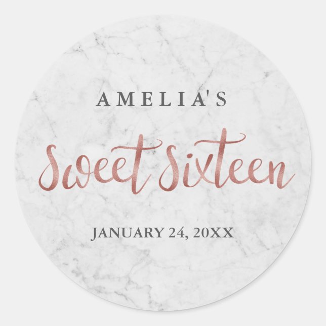 Marble Faux Rose Gold Sweet Sixteen Sticker (Front)
