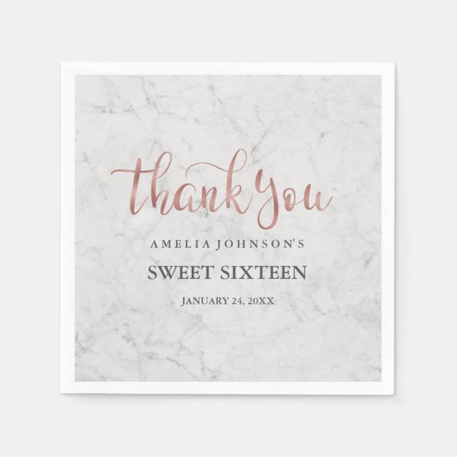 Marble Faux Rose Gold Thank You Sweet Sixteen Napkin (Front)