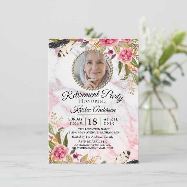 Marble Floral Retirement Party Invitation (Standing Front)