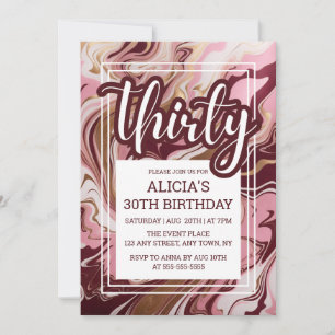 Marble Fluid Gold Burgundy Pink 30th Birthday Invitation