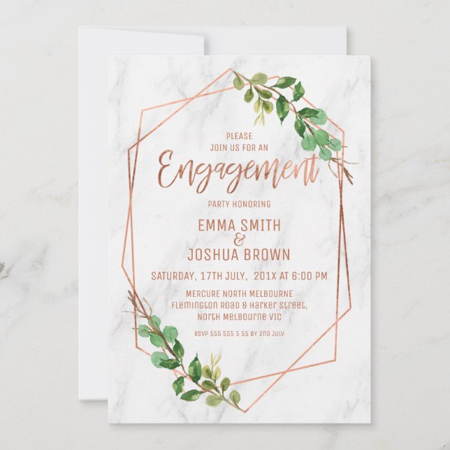 Marble Foliage Rose Gold Calligraphy Engagement Invitation (Front)