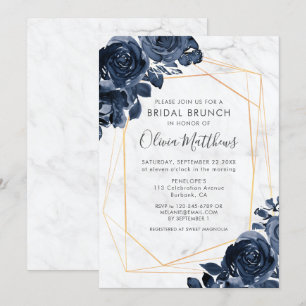 Marble Geometric Gold Blue Roses Bridal Brunch Invitation