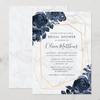 Marble Geometric Gold Blue Roses Bridal Shower Invitation