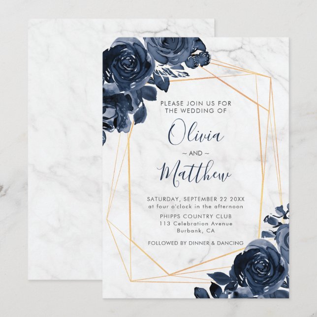 Marble Geometric Gold Blue Roses Wedding Invitation (Front/Back)