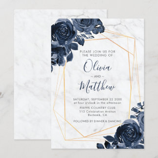Marble Geometric Gold Blue Roses Wedding Invitation