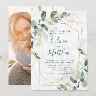 Marble Geometric Gold Eucalyptus Photo Wedding Invitation