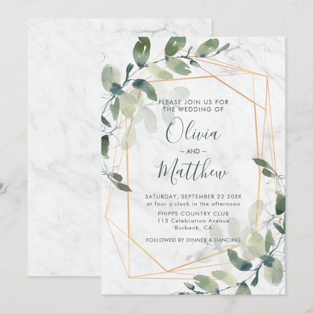 Marble Geometric Gold Eucalyptus Wedding Invitation (Front/Back)