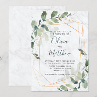 Marble Geometric Gold Eucalyptus Wedding Invitation