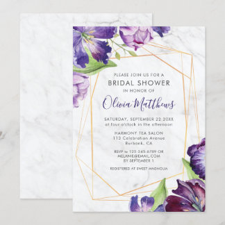 Marble Geometric Gold Purple Tulips Bridal Shower Invitation