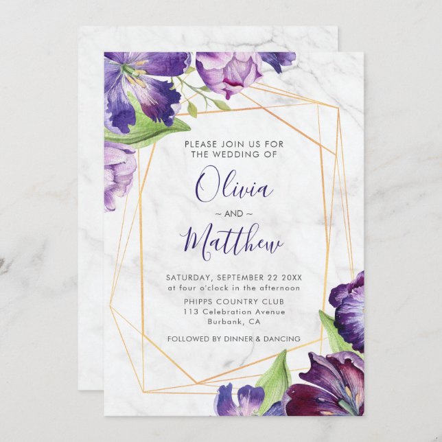 Marble Geometric Gold Purple Tulips Wedding Invitation (Front/Back)