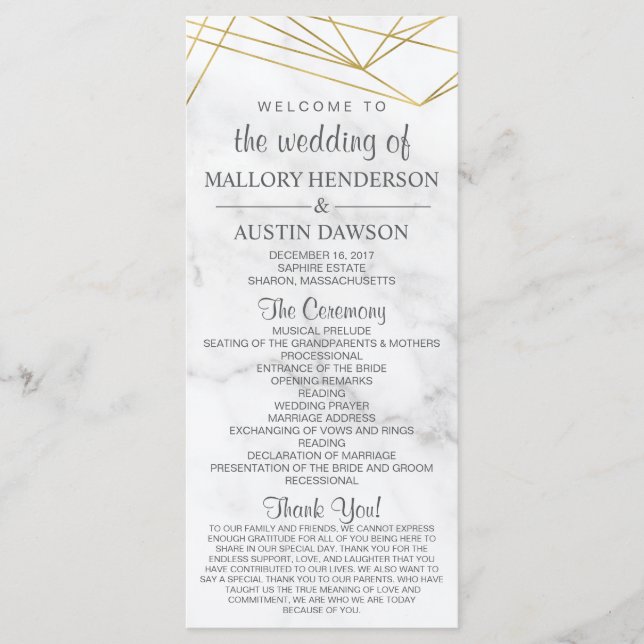 Marble Geometric Modern Wedding Program Front/Back Programme (Front)