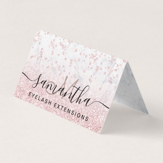 Marble girly rose gold glitter chic eye aftercare business card (Front)