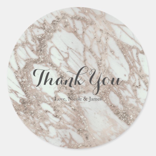 Marble Glam Rose Pink Gold Silver Designer Favour Classic Round Sticker (Front)