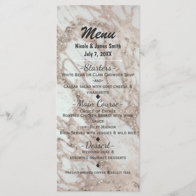 Marble Glam Rose Pink Gold Silver Party Menu Card (Front)