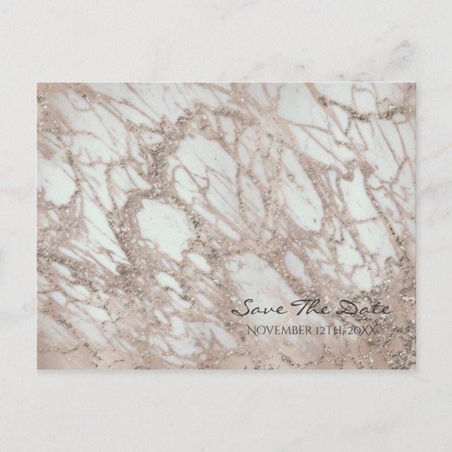 Marble Glam Rose Pink Gold Silver Save the Date Announcement Postcard (Front)