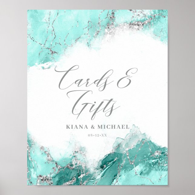 Marble Glitter Cards & Gifts Teal Silver ID644 Poster (Front)