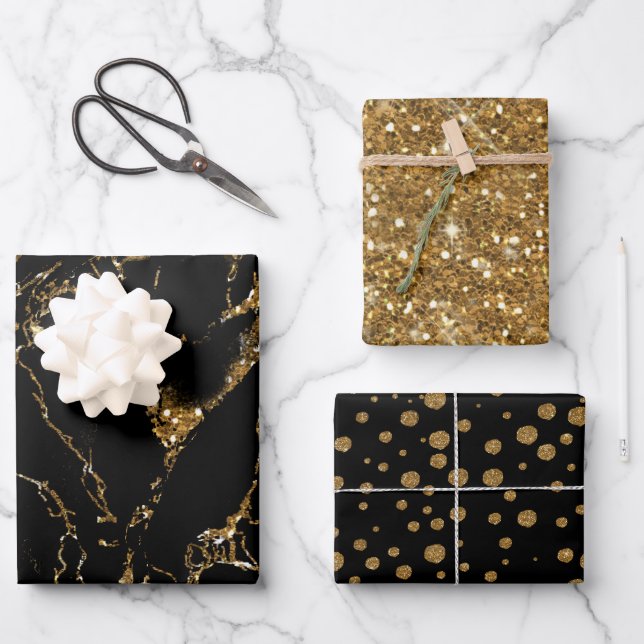 Marble Glitter Polka Dots Black/Gold Wrapping Paper Sheet (Front)