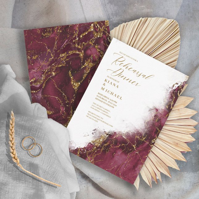 Marble Glitter Rehearsal Burgundy Gold ID644 Invitation (Front/Back In Situ)