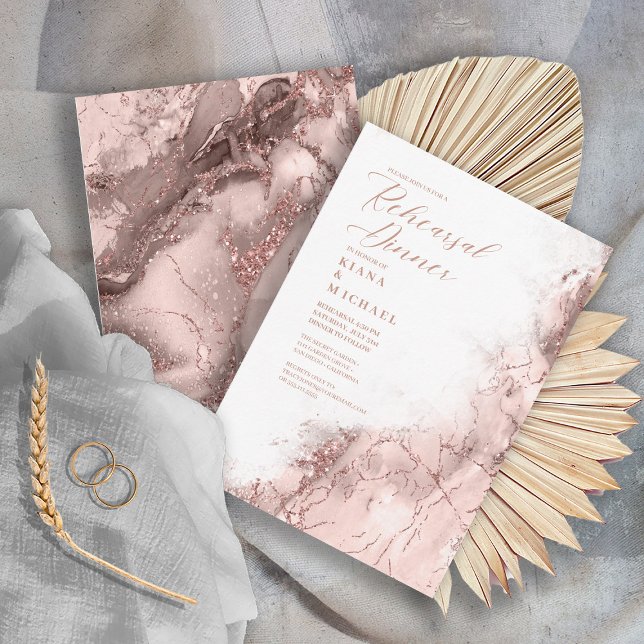 Marble Glitter Rehearsal Rose Gold ID644 Invitation (Front/Back In Situ)