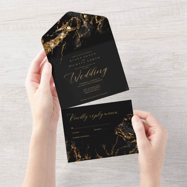 Marble Glitter Wedding Black/Gold ID644 All In One Invitation (Tearaway)