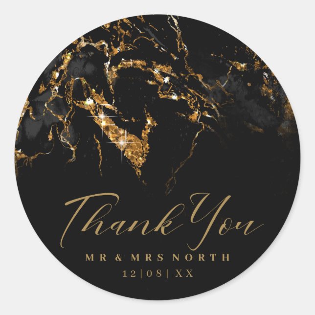 Marble Glitter Wedding Black Gold ID644 Classic Round Sticker (Front)