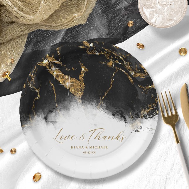 Marble Glitter Wedding Black Gold ID644 Paper Plate (Creator Uploaded)