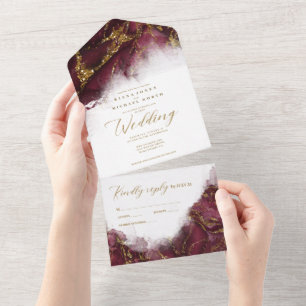 Marble Glitter Wedding Burgundy/Gold ID644 All In One Invitation