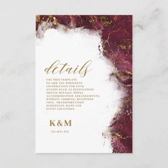 Marble Glitter Wedding Burgundy Gold ID644 Enclosure Card (Front)
