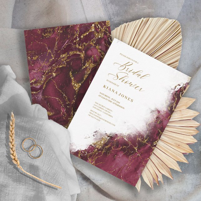 Marble Glitter Wedding Burgundy Gold ID644 Invitation (Front/Back In Situ)