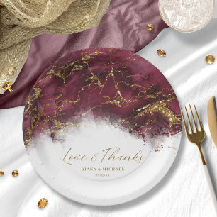 Marble Glitter Wedding Burgundy Gold ID644 Paper Plate