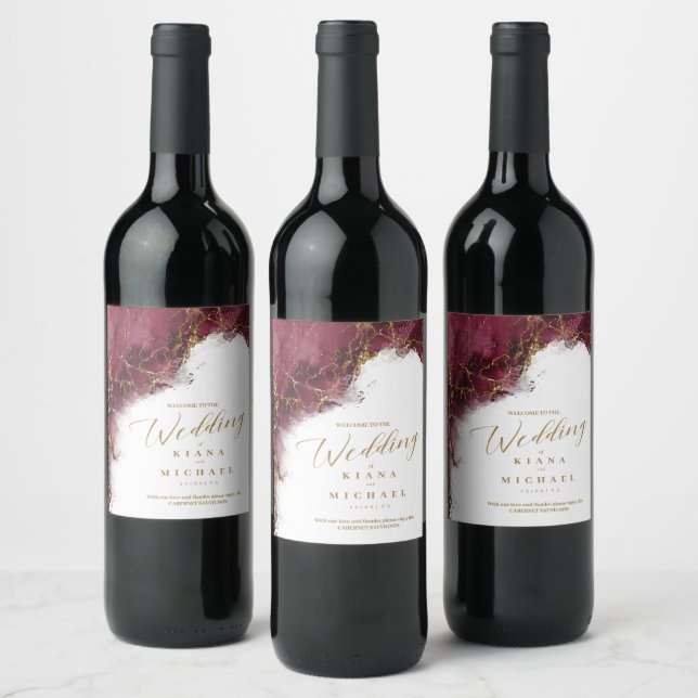 Marble Glitter Wedding Burgundy Gold ID644 Wine Label (Bottles)