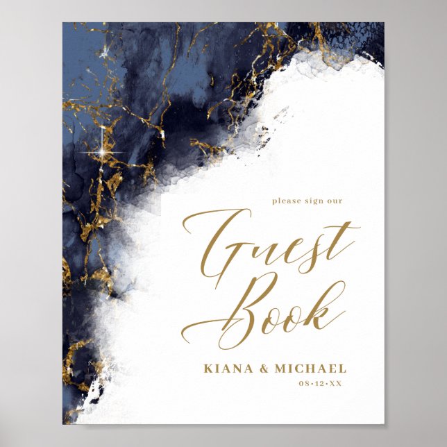 Marble Glitter Wedding Guests Navy Blue Gold ID644 Poster (Front)