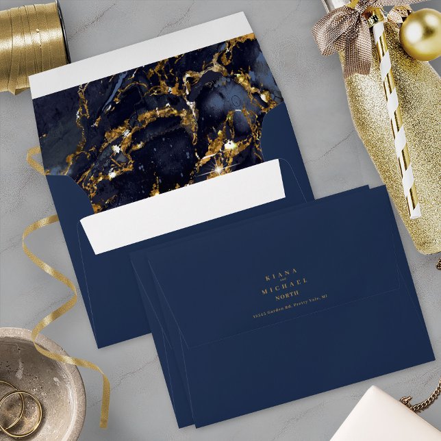 Marble Glitter Wedding Navy Blue Gold ID644 Envelope (Interior/Back In Situ)