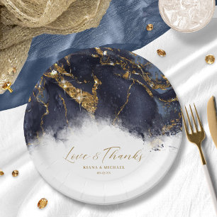 Marble Glitter Wedding Navy Blue Gold ID644 Paper Plate