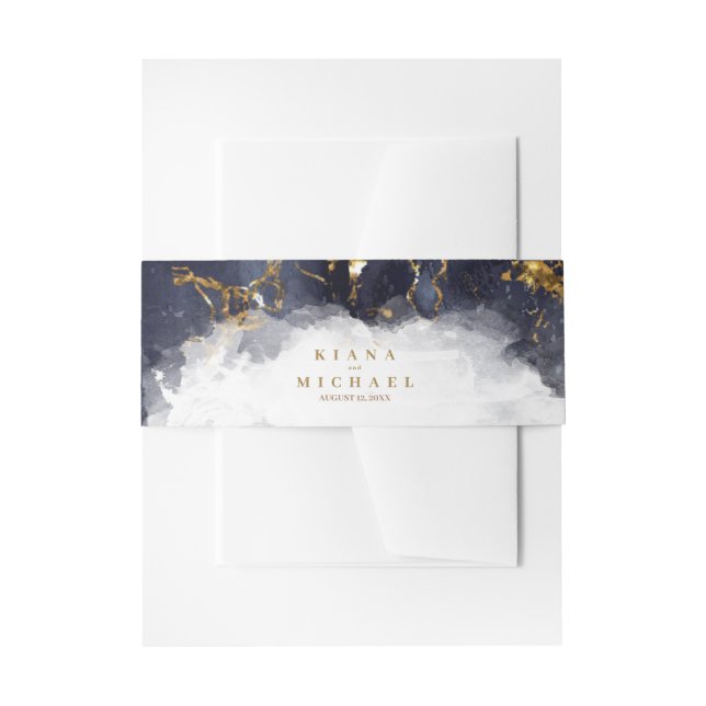 Marble Glitter Wedding Navy Blue Gold V1 ID644 Invitation Belly Band (Front Example)