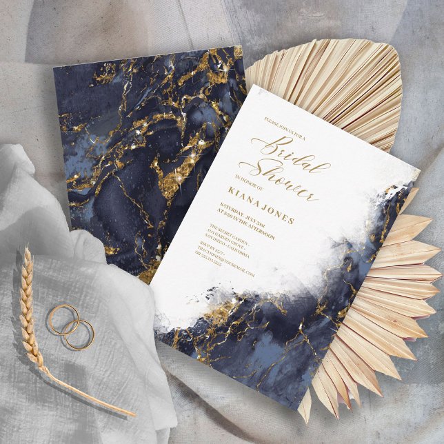 Marble Glitter Wedding Navy Bridal Shower ID644 Invitation (Front/Back In Situ)