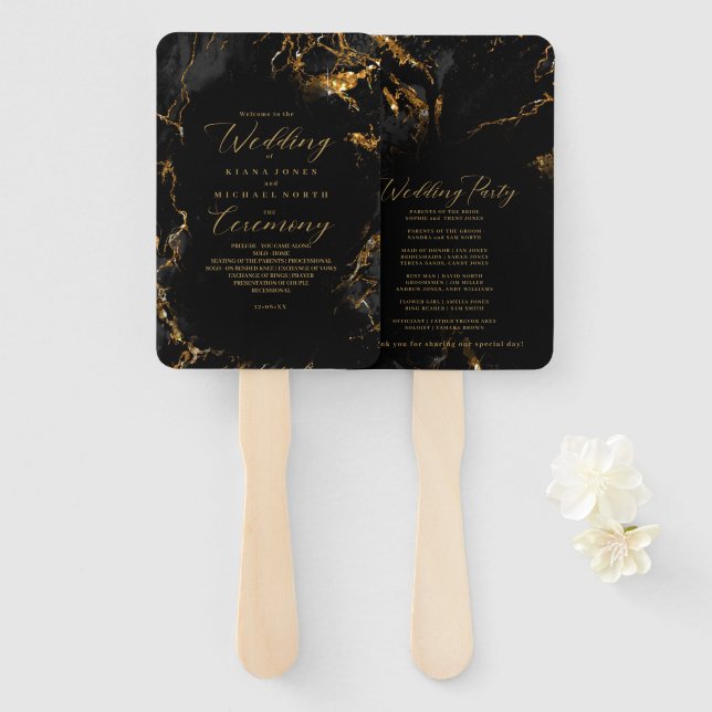 Marble Glitter Wedding Program Black Gold ID644 Hand Fan (Front and Back)