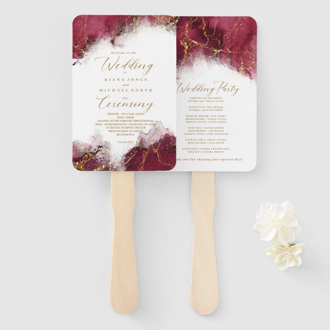 Marble Glitter Wedding Program Burgundy Gold ID644 Hand Fan (Front and Back)