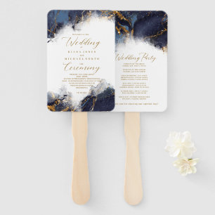 Marble Glitter Wedding Program Navy Bl Gold ID644 Hand Fan