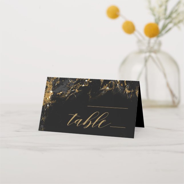 Marble Glitter Wedding Table Black Gold ID644 Place Card (Front)