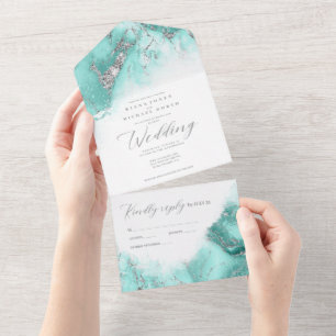 Marble Glitter Wedding Teal/Silver ID644 All In One Invitation