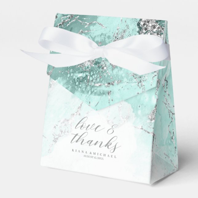 Marble Glitter Wedding Teal Silver ID644 Favour Box (Front Side)