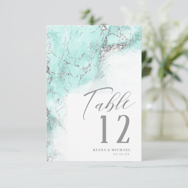 Marble Glitter Wedding Teal Silver ID644 Invitation (Standing Front)