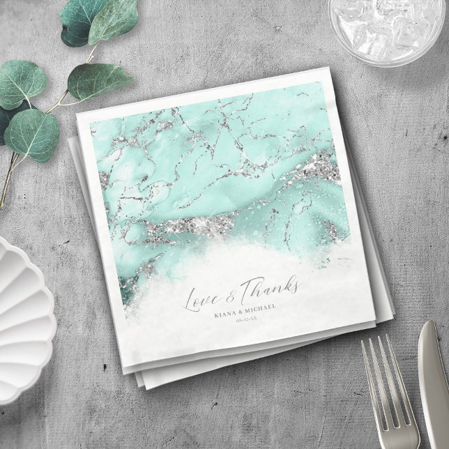 Marble Glitter Wedding Teal Silver ID644 Napkin (Creator Uploaded)