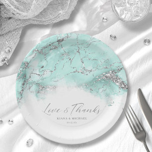 Marble Glitter Wedding Teal Silver ID644 Paper Plate