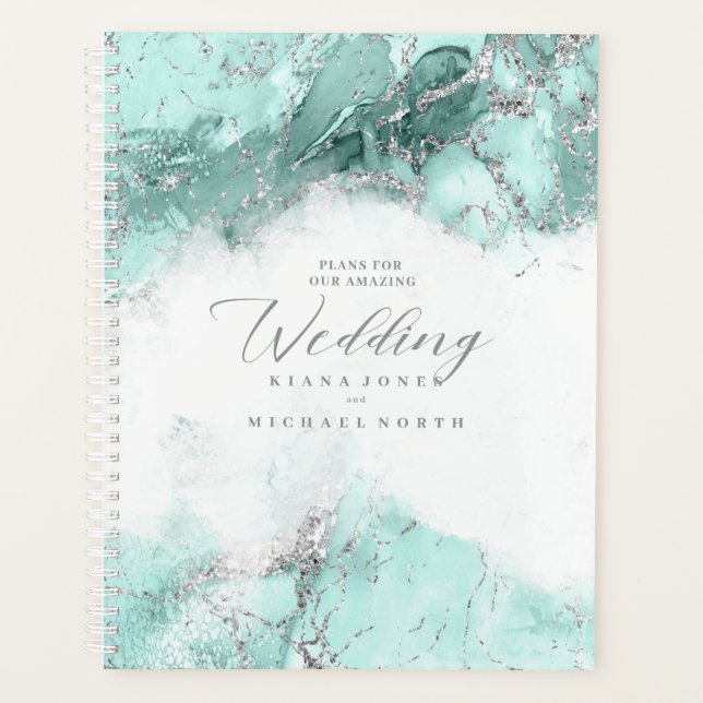 Marble Glitter Wedding Teal Silver ID644 Planner (Front)