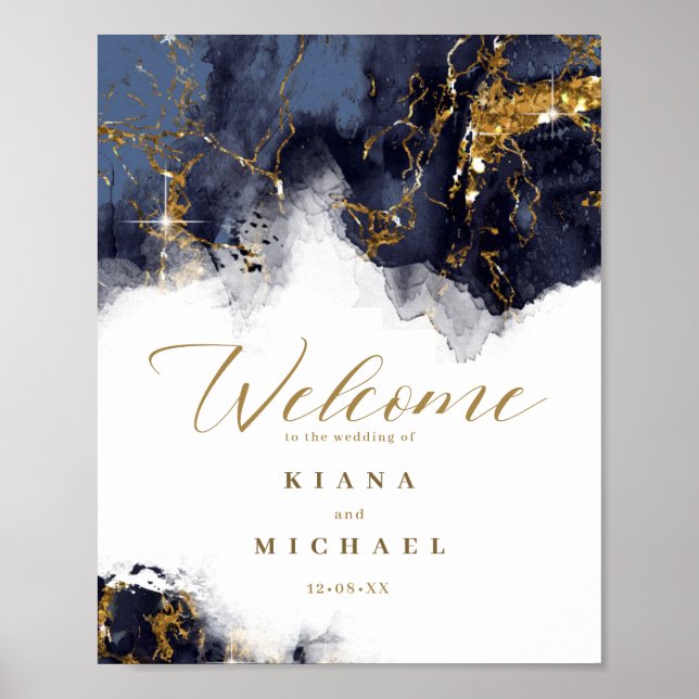 Marble Glitter Wedding Welcome Navy Blu Gold ID644 Poster (Front)