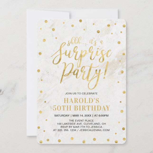 Marble & Gold | Adult 50th Surprise Birthday Party Invitation (Front)