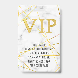 Marble Gold Birthday VIP Pass Badge Invitation ID Badge