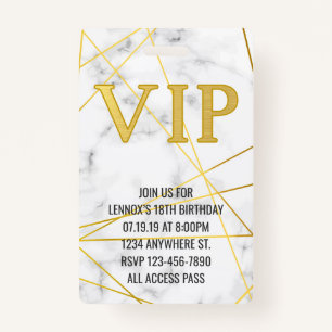 Marble Gold Birthday VIP Pass Badge Invitation ID Badge